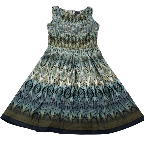 Gabby Skye Dress Womens 4 Green Blue Sleeveless Fit Flare Ikat Pattern Midi - Picture 1 of 7